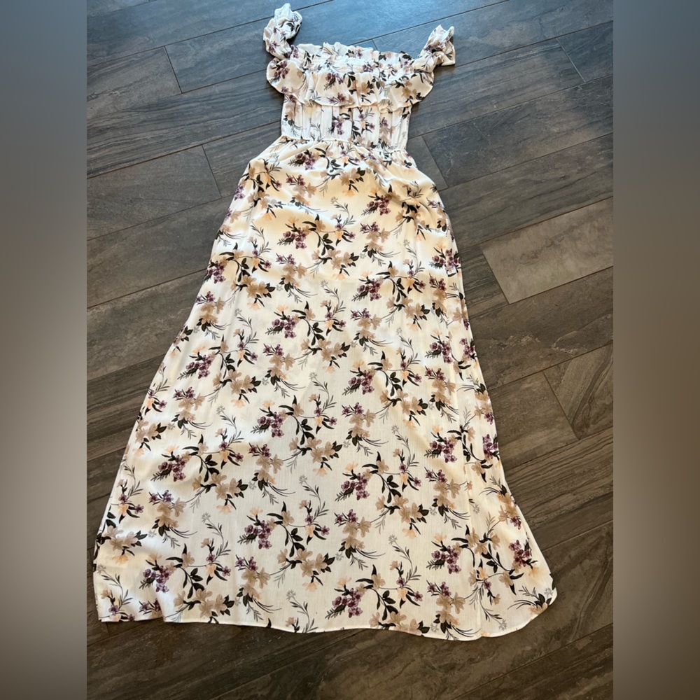 Floral off the shoulder max/midi dress with high low hem